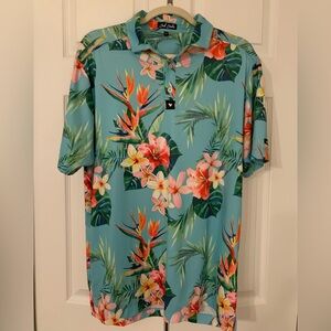 Bad Birdie Tropical Floral Polo Shirt - Blue Golf or Casual Size Large EUC